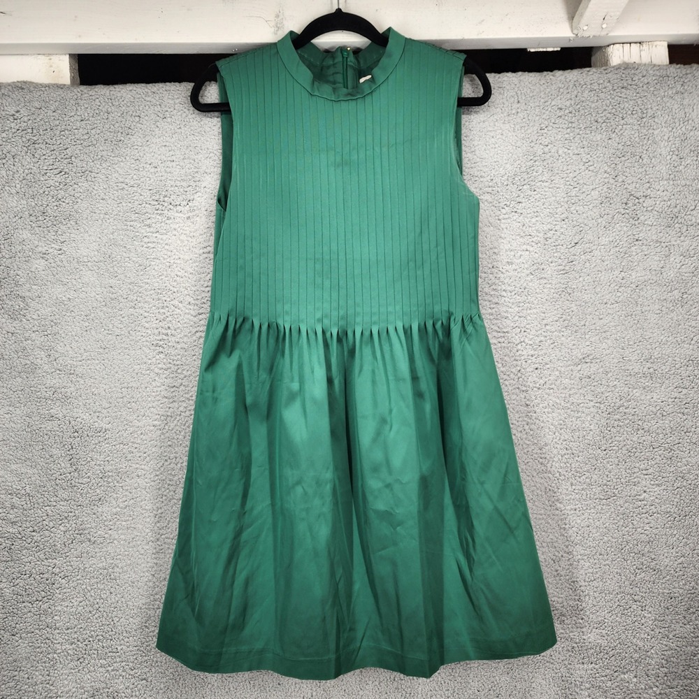 J.Crew Collection Emerald Green Pleated Mock Neck Drop Waist Dress Size 12
